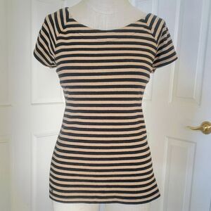 LAUREN RALPH LAUREN Black Gold Striped Top Shimmer Sparkle Metallic Short Sleeve
